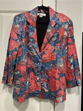 Vintage Sandy Starkman Sequin Floral Blazer Jacket Size Small Cotton Rayon Lined